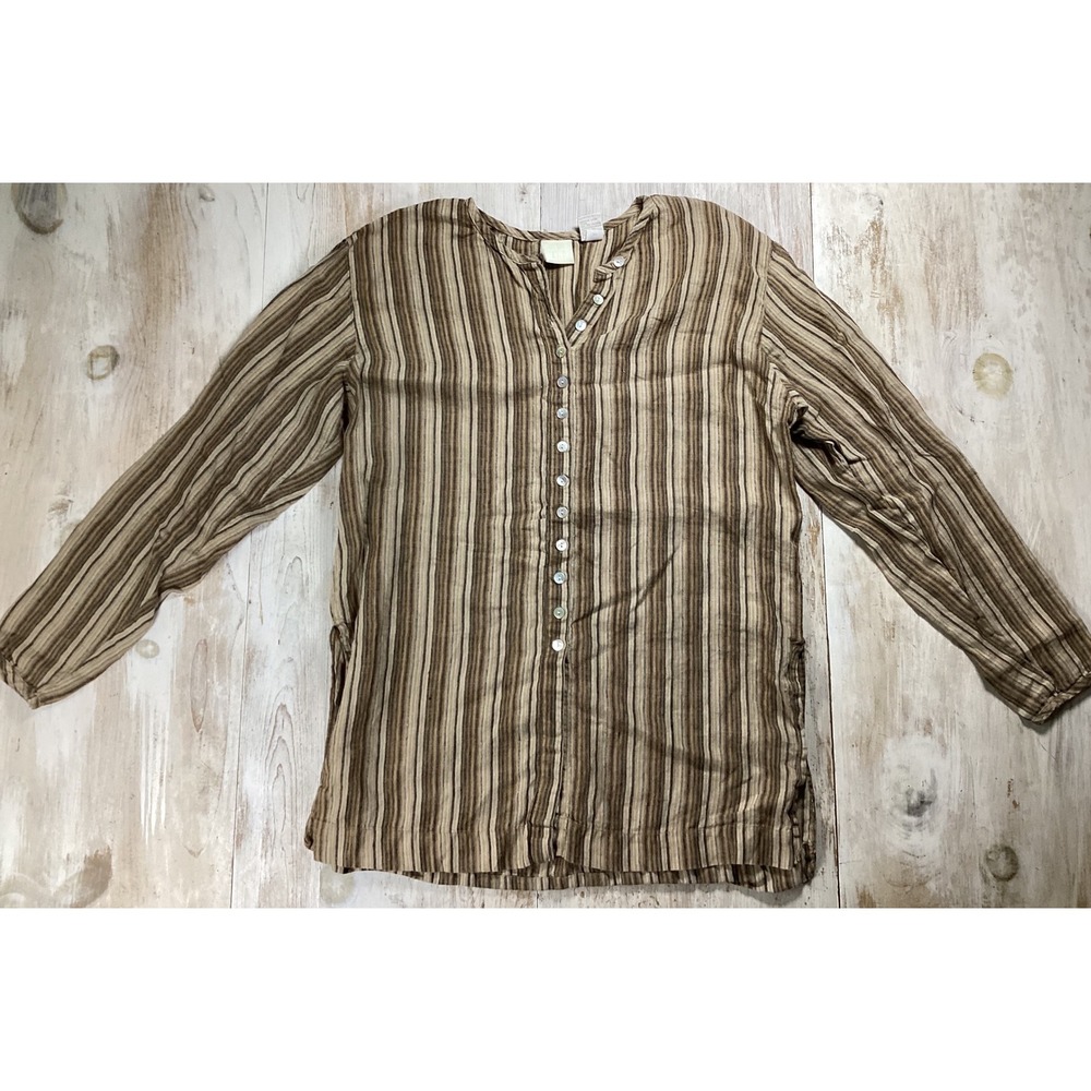 Gap Womens Large 100% Linen Striped Henley Tunic Blouse Brown Tan Long Sleeve